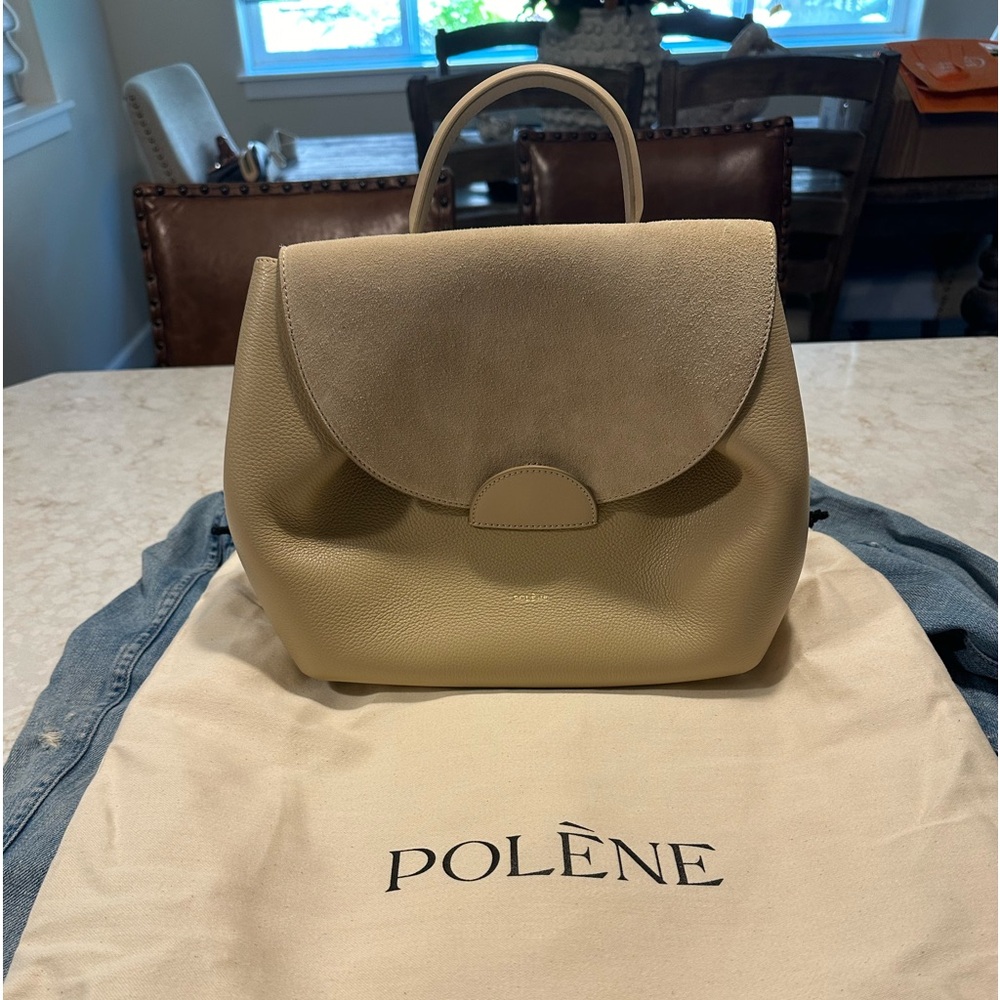 Polène top-handle leather satchel in light beige and suede flap